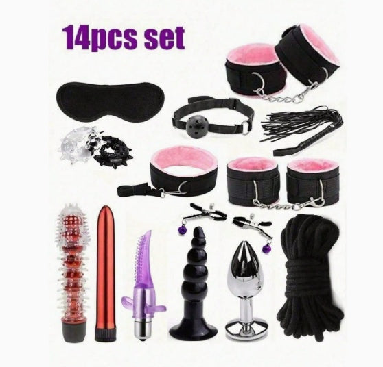 Kit d’Initiation BDSM et Bondage – 14 Pièces (Noir & Rose)